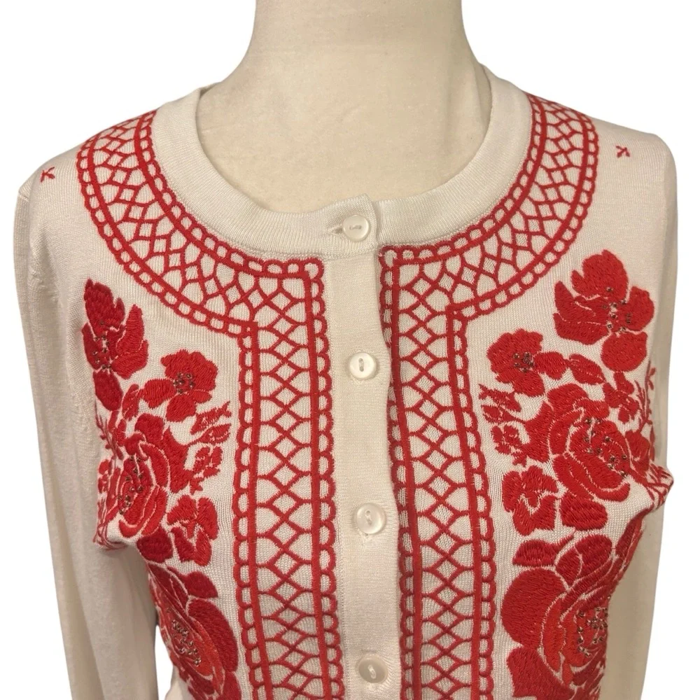 Charter Club White with Red Floral Embroidery Button up Sweater Small